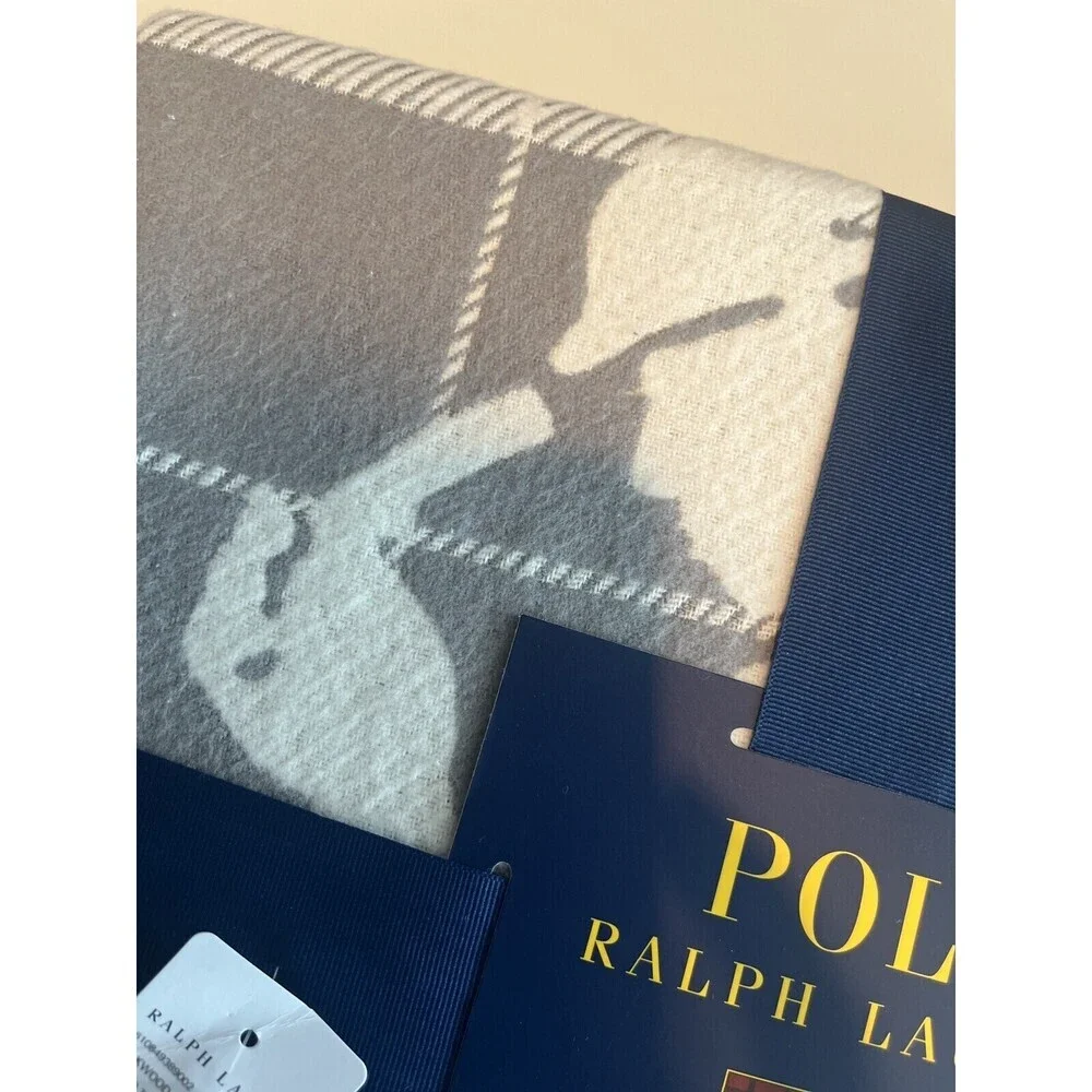 New Polo Ralph Lauren Home Oakwood Throw Grey Ivory Plaid Pony Blanket 50 X 70